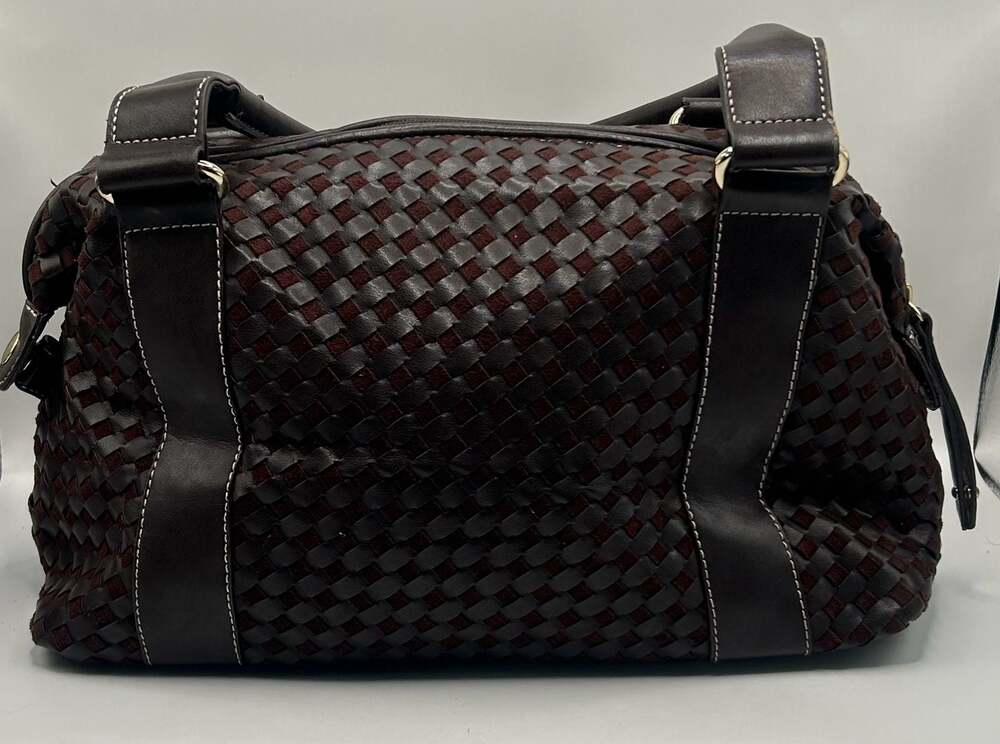 Vintage Brown Woven Satchel with Gold Tone Buckle Detail - Picture 7 of 12